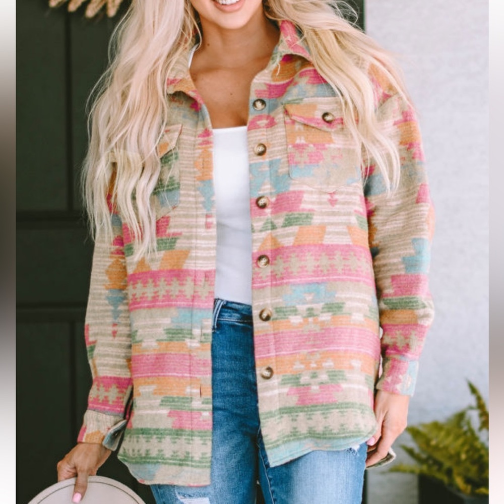 Western Multicolor Aztec Print Button Down Shacket